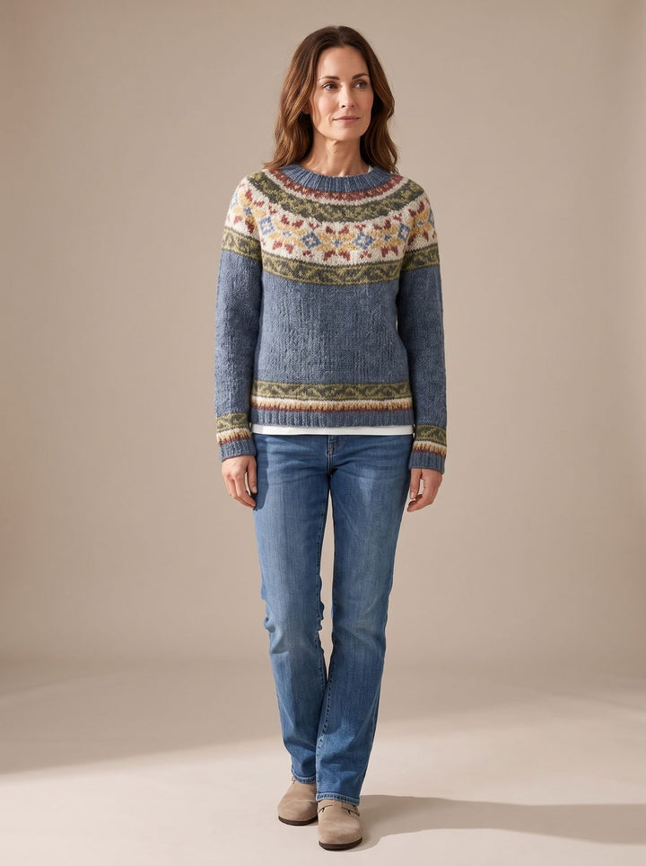 Women's Fair Isle Knit Long-Sleeve Crew-Neck Pullover Sweater - Blue