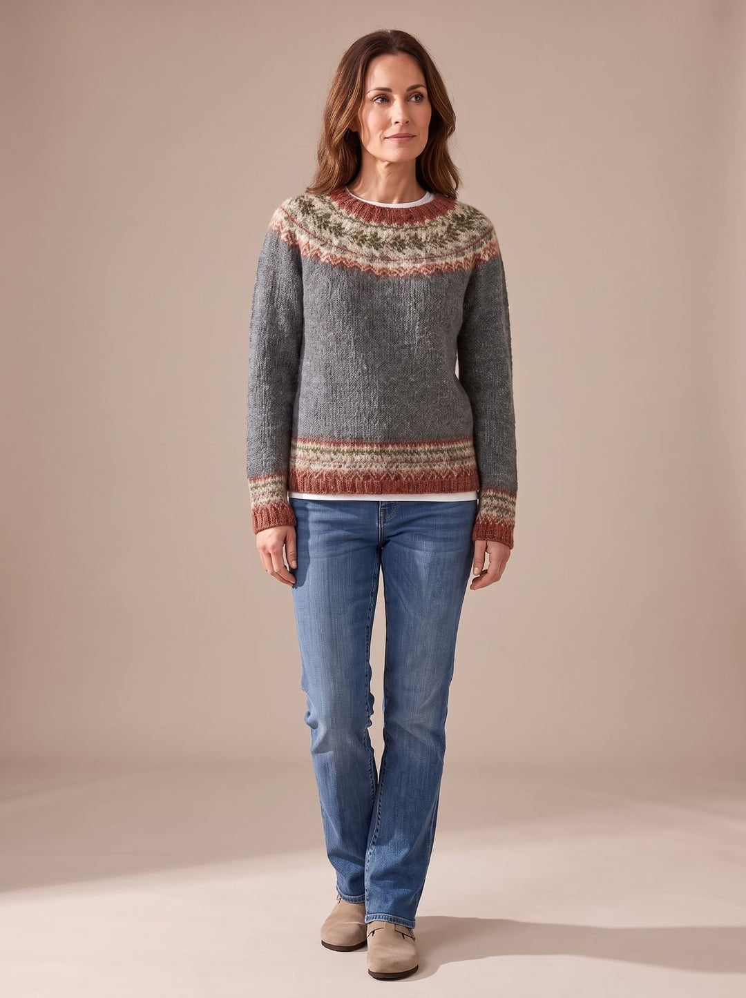 Women's Fair Isle Knit Long-Sleeve Crew-Neck Pullover Sweater - Gray