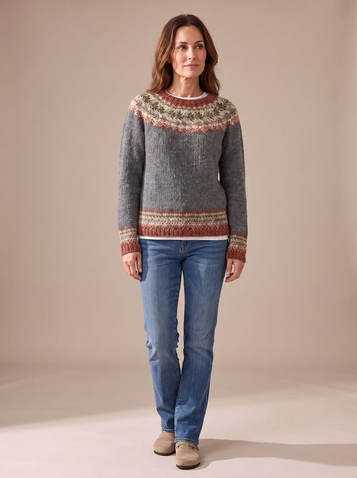Women's Fair Isle Knit Long-Sleeve Crew-Neck Pullover Sweater - Gray