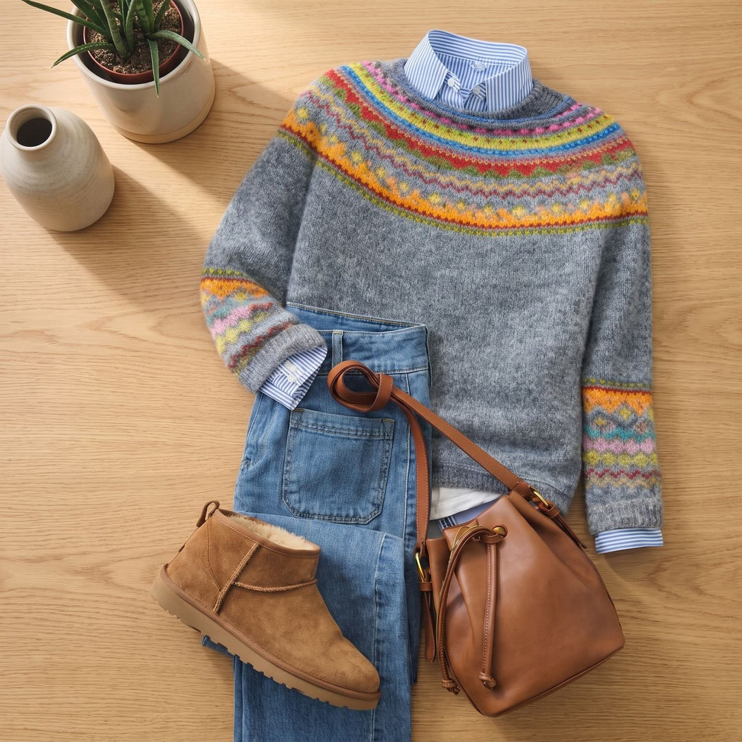 Women's Fair Isle Knit Wool Sweater Relaxed Crewneck Pullover - Yellow