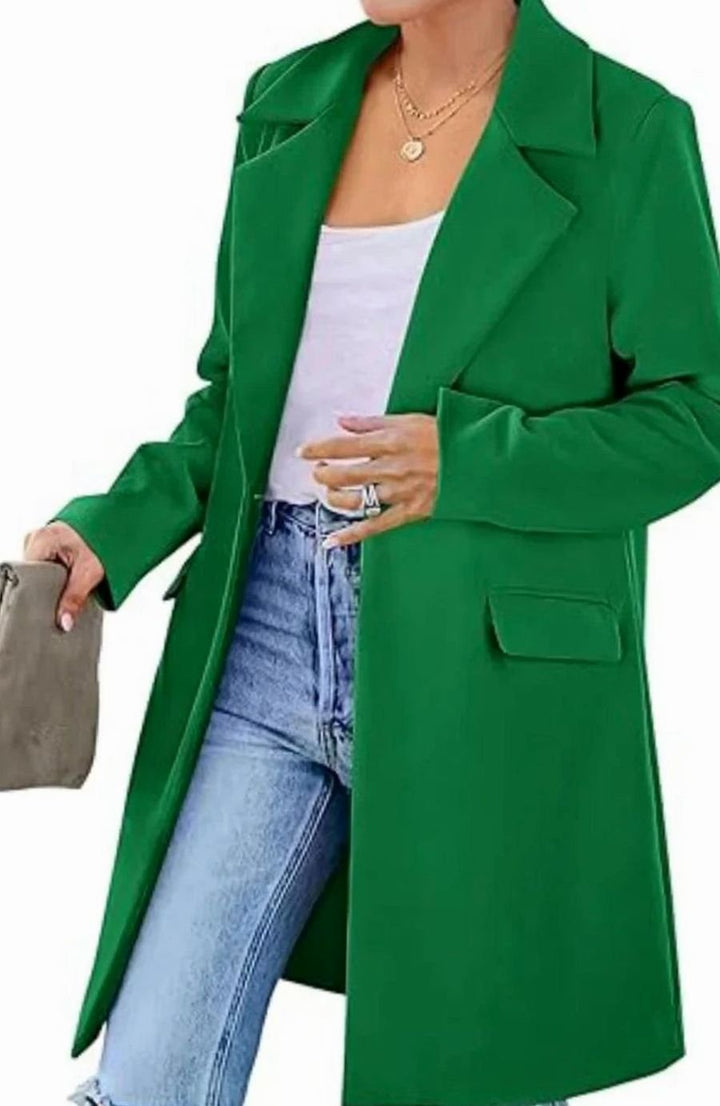 Women's Fall Trench Coat Lapel Single-Button Long Blazer Jacket - Green