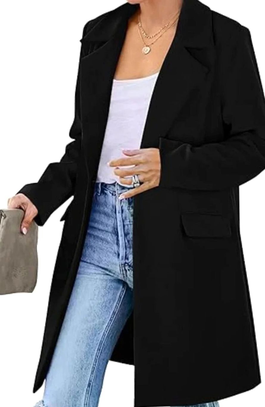 Women's Fall Trench Coat Lapel Single-Button Long Blazer Jacket - Black