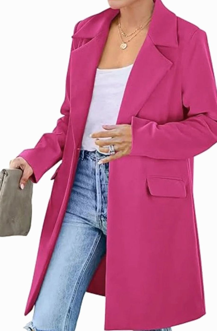Women's Fall Trench Coat Lapel Single-Button Long Blazer Jacket - Dark Pink