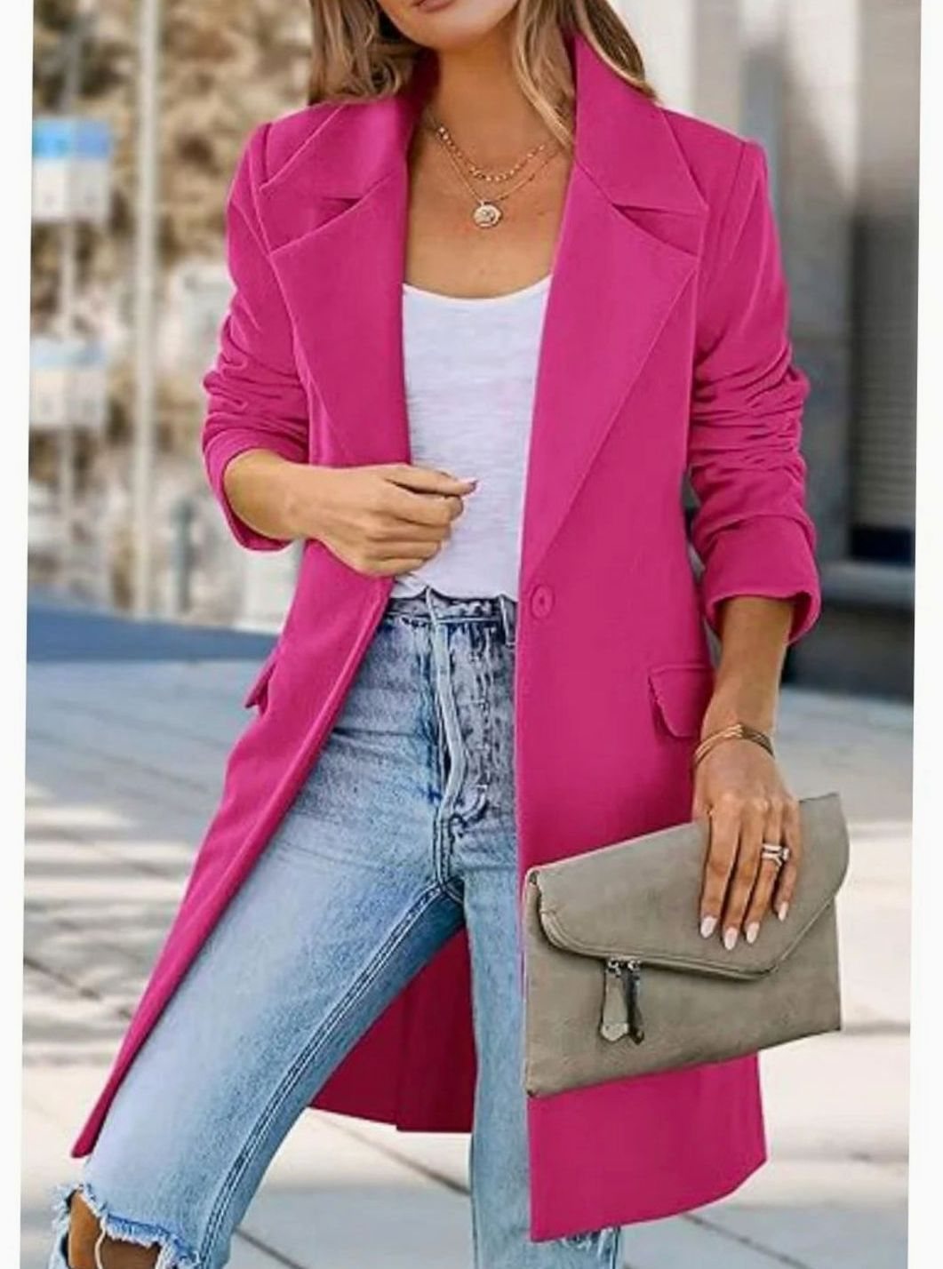 Women's Fall Trench Coat Lapel Single-Button Long Blazer Jacket