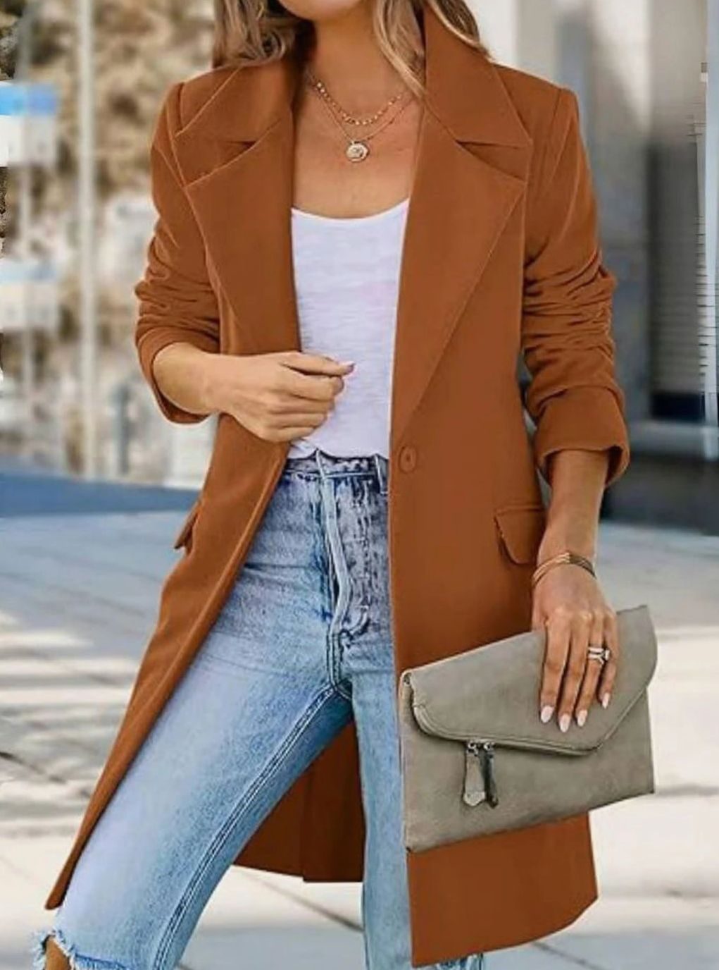 Women's Fall Trench Coat Lapel Single-Button Long Blazer Jacket