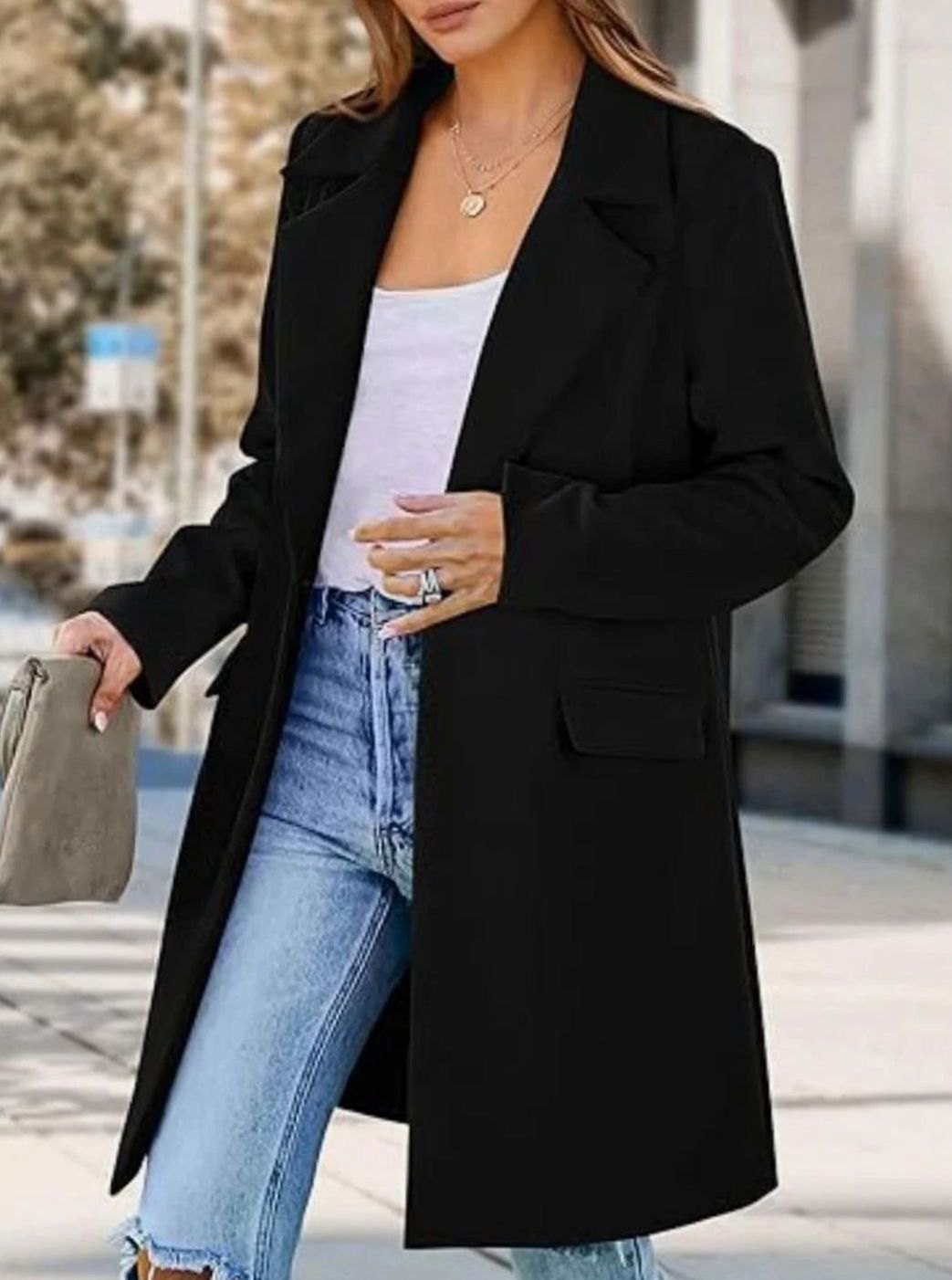 Women's Fall Trench Coat Lapel Single-Button Long Blazer Jacket