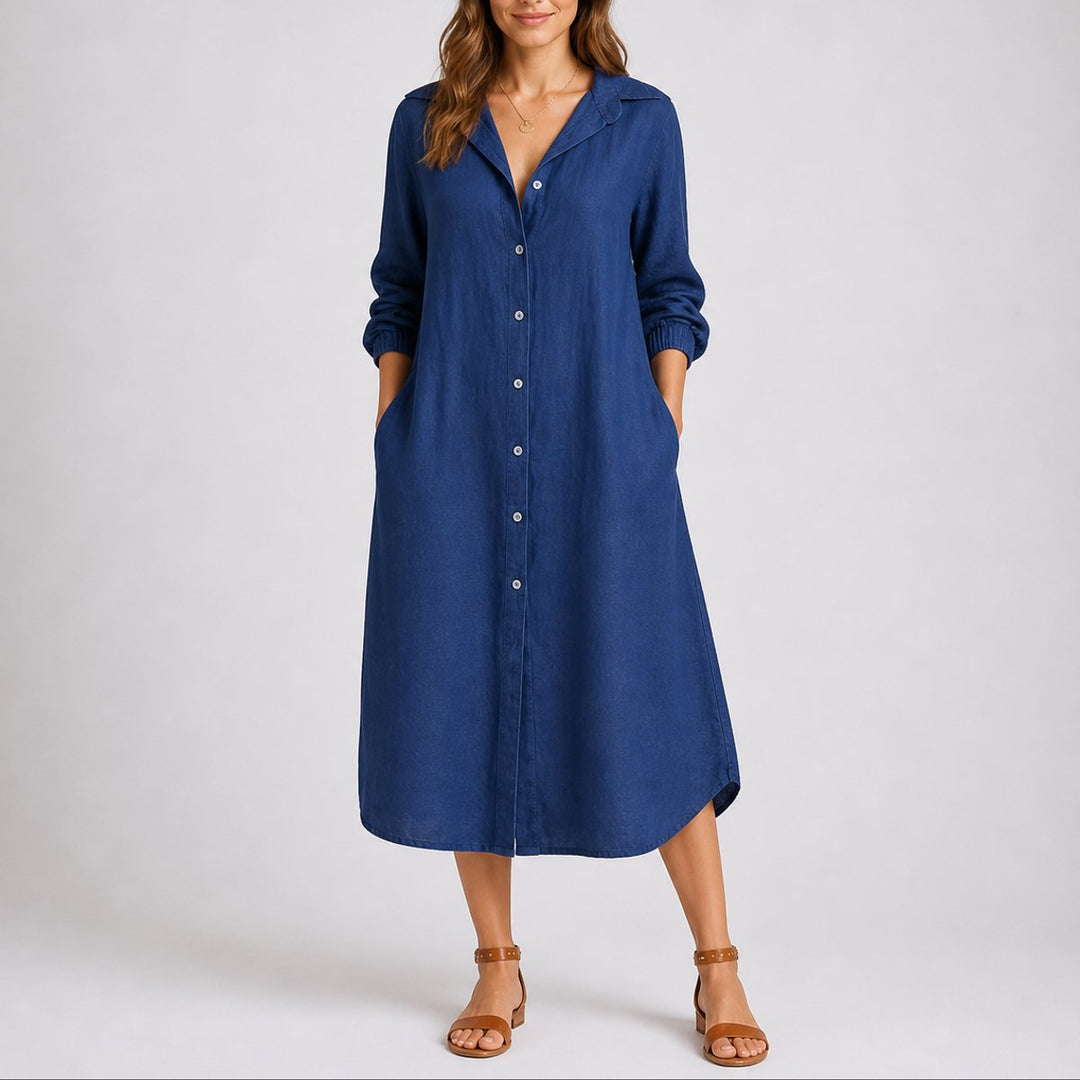 Women's Fall Wedding Guest Dress Long-Sleeve Button-Front Midi Shirt - Blue