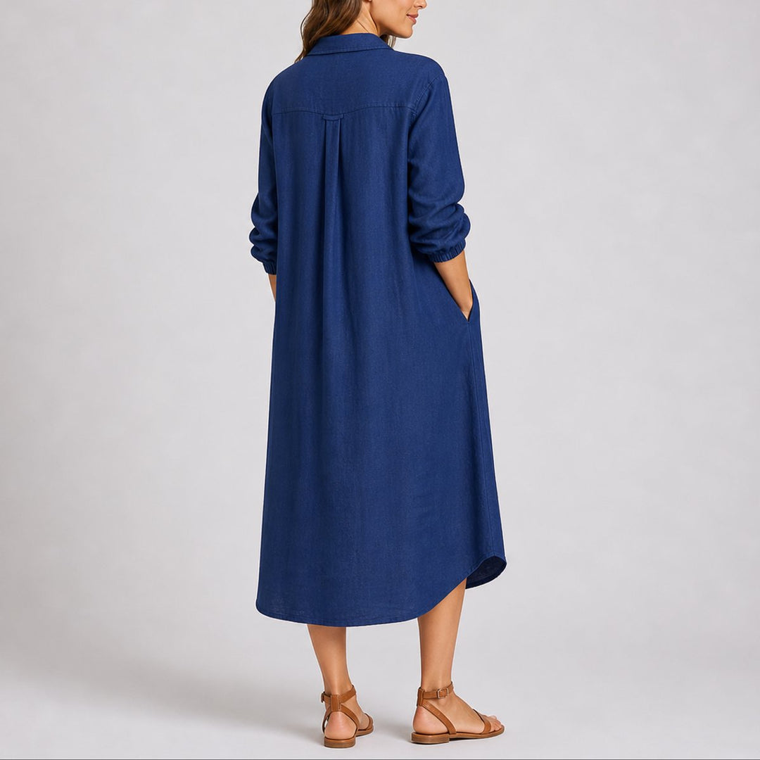 Women's Fall Wedding Guest Dress Long-Sleeve Button-Front Midi Shirt