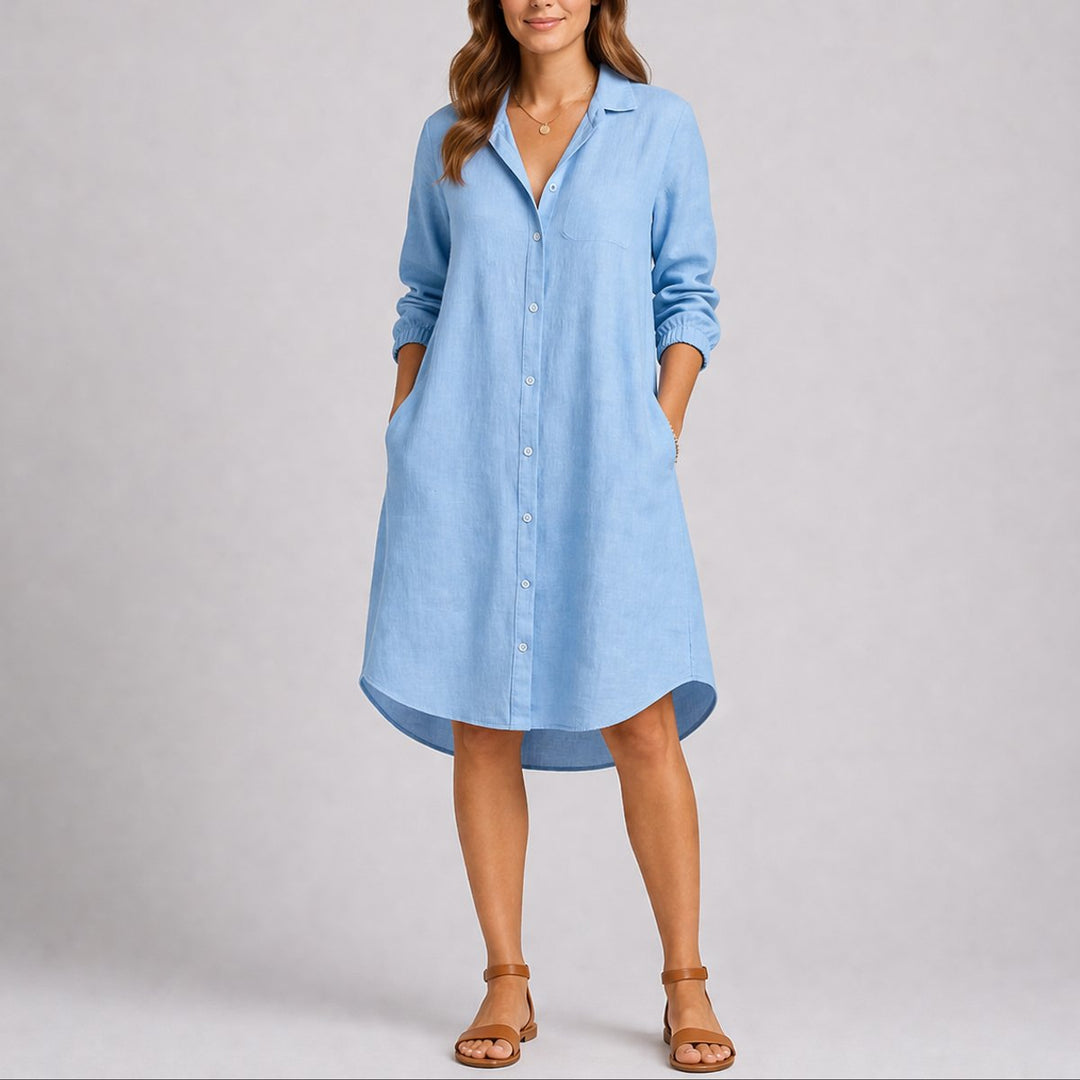 Women's Fall Wedding Guest Dress Long-Sleeve Button-Front Midi Shirt - Light Blue