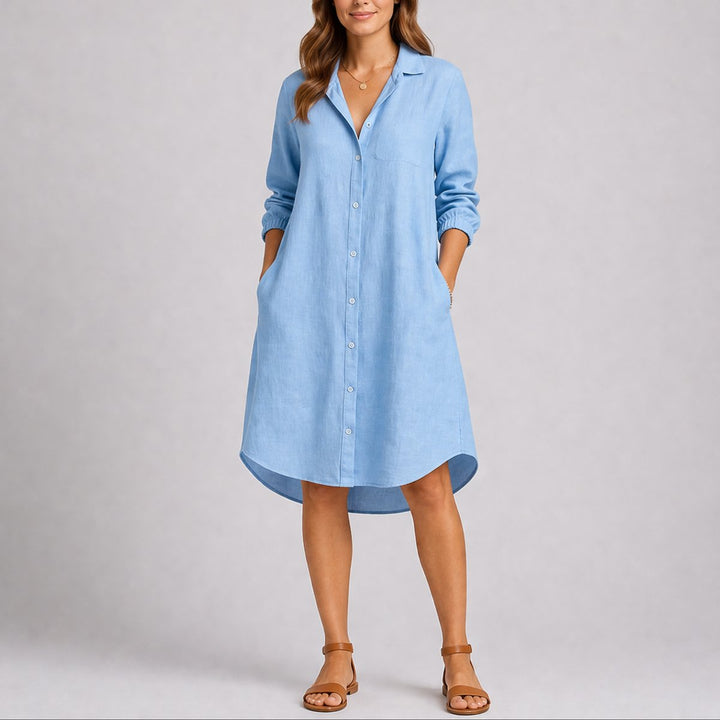 Women's Fall Wedding Guest Dress Long-Sleeve Button-Front Midi Shirt - Light Blue