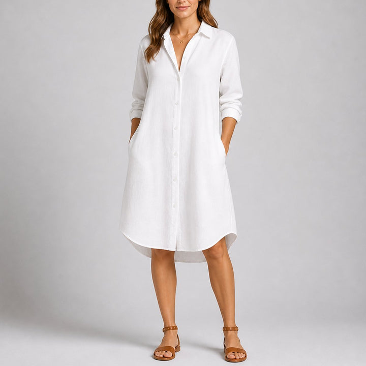 Women's Fall Wedding Guest Dress Long-Sleeve Button-Front Midi Shirt - White