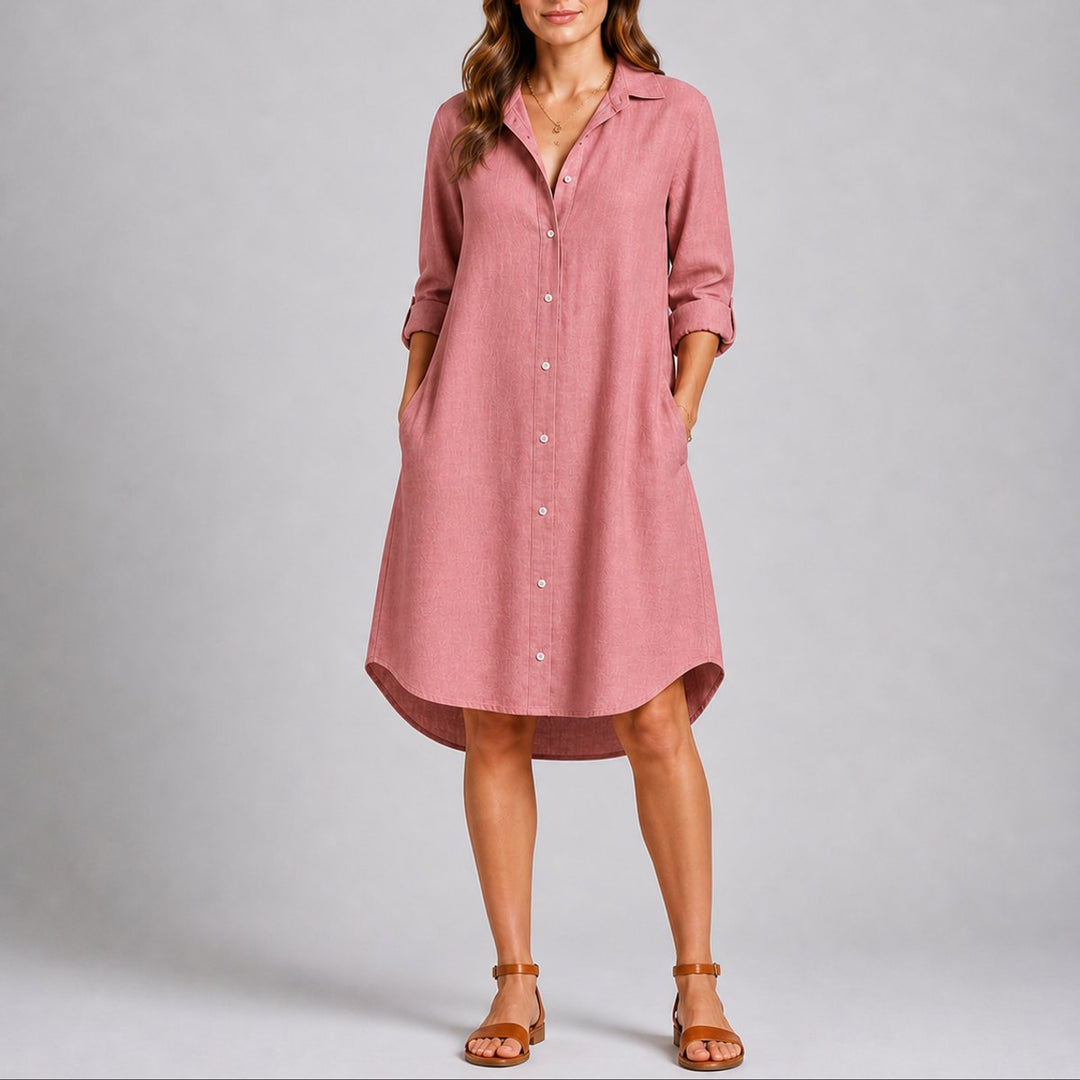 Women's Fall Wedding Guest Dress Long-Sleeve Button-Front Midi Shirt - Pink