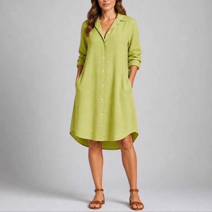Women's Fall Wedding Guest Dress Long-Sleeve Button-Front Midi Shirt - Green