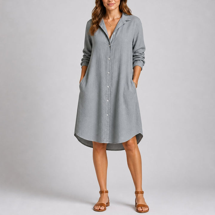 Women's Fall Wedding Guest Dress Long-Sleeve Button-Front Midi Shirt - Grey