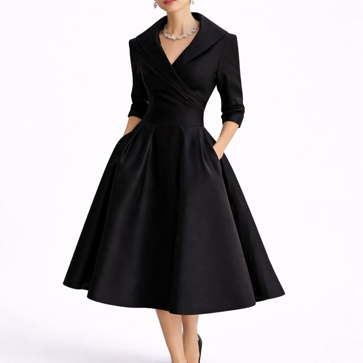 Women's Fall Wedding Guest Dresses A-Line V-Neck Midi Dress - Black