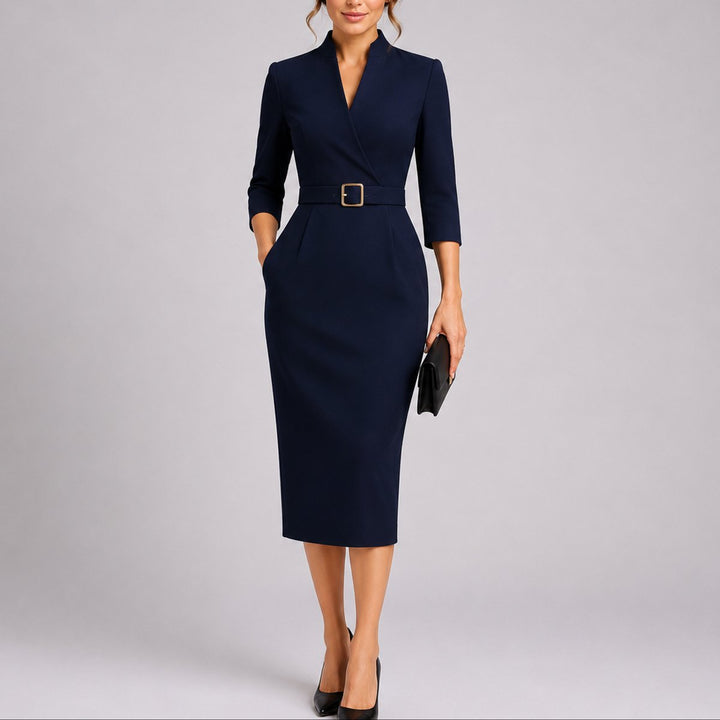 Women's Fall Wedding Guest Dresses Belted V-Neck Midi Sheath Dress - Navy
