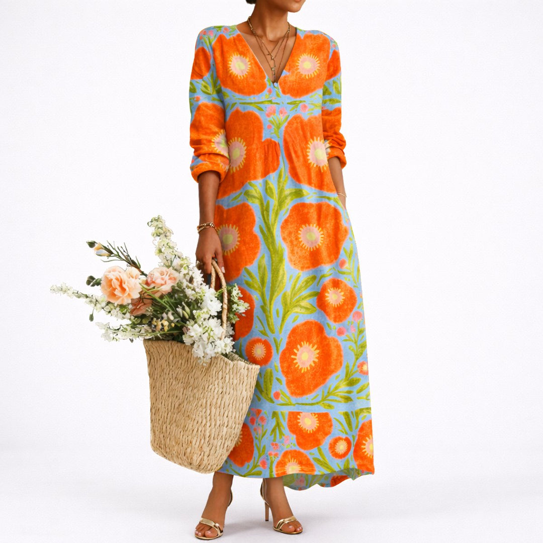 Women's Fall Wedding Guest Dresses Floral Long-Sleeve Maxi Dress - Multicolor