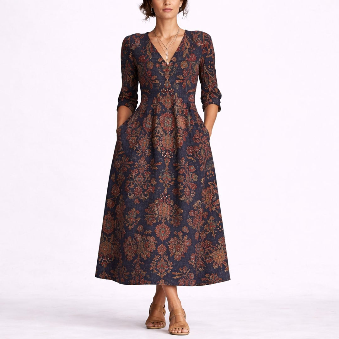 Women's Fall Wedding Guest Dresses Floral Midi A-Line V-Neck - Multicolor