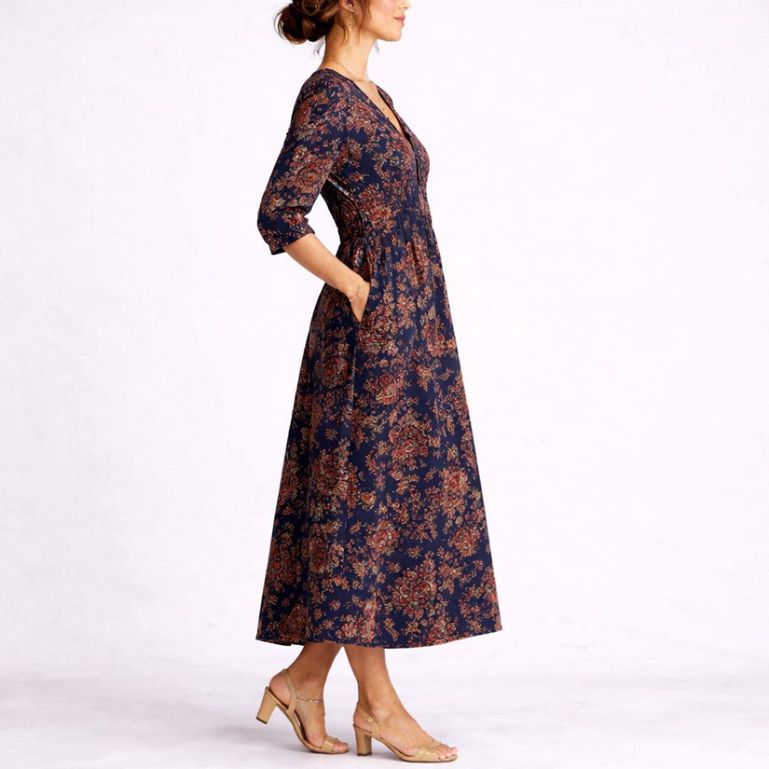 Women's Fall Wedding Guest Dresses Floral Midi A-Line V-Neck