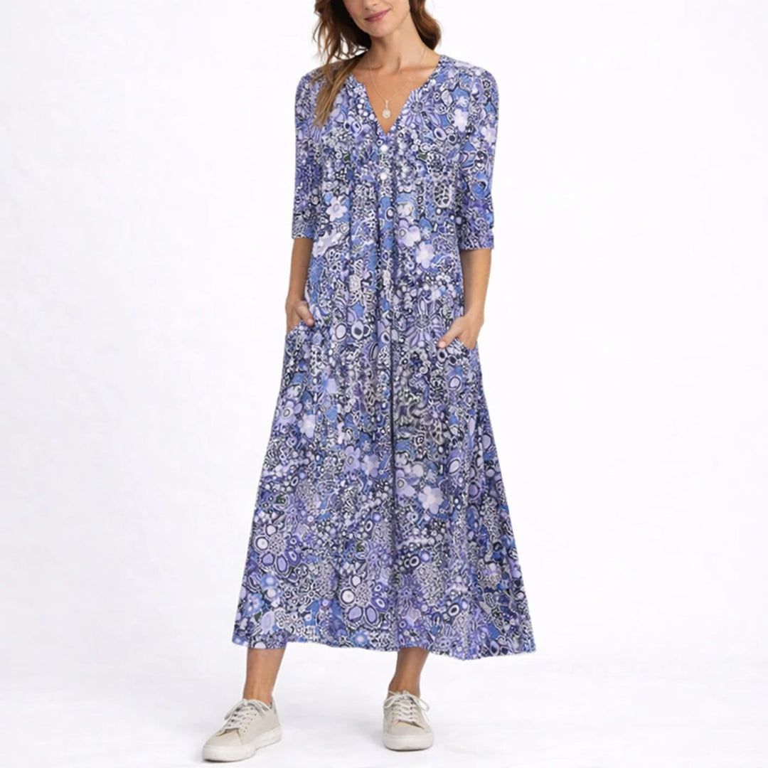 Women's Fall Wedding Guest Dresses Floral V-Neck Midi Dress - Blue