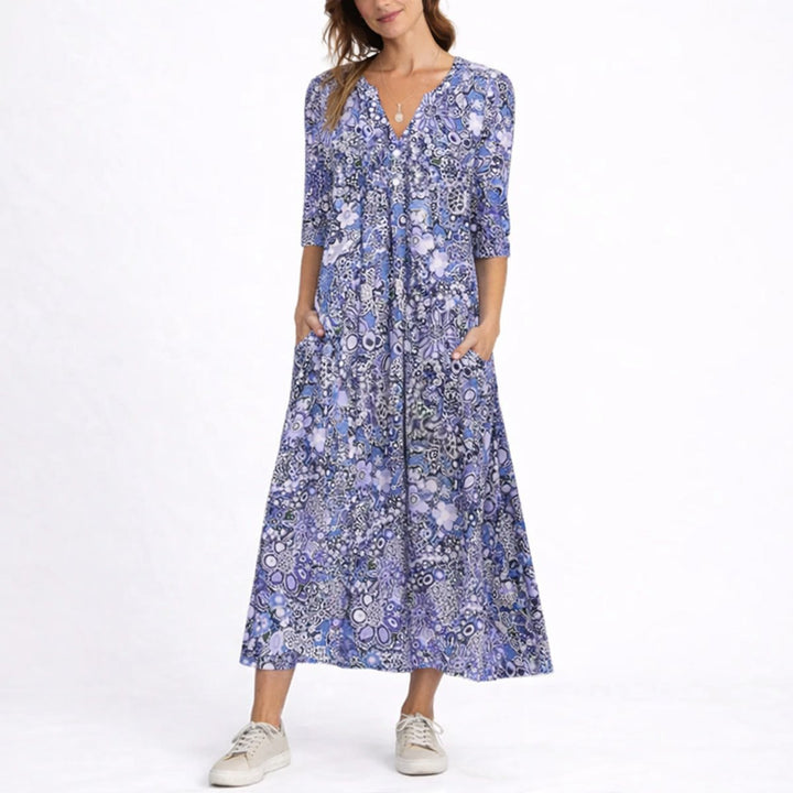 Women's Fall Wedding Guest Dresses Floral V-Neck Midi Dress - Blue