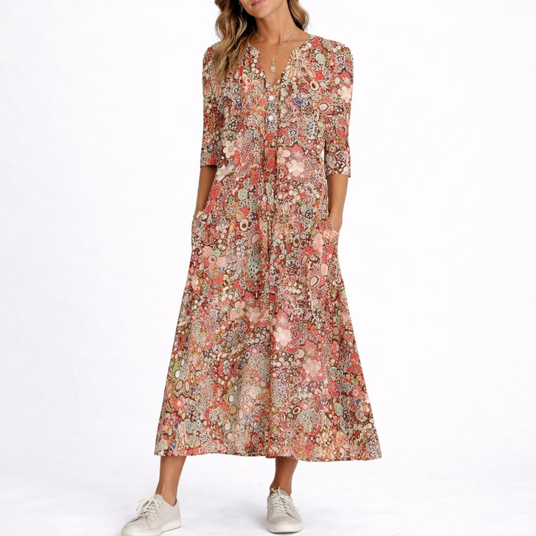 Women's Fall Wedding Guest Dresses Floral V-Neck Midi Dress - Red