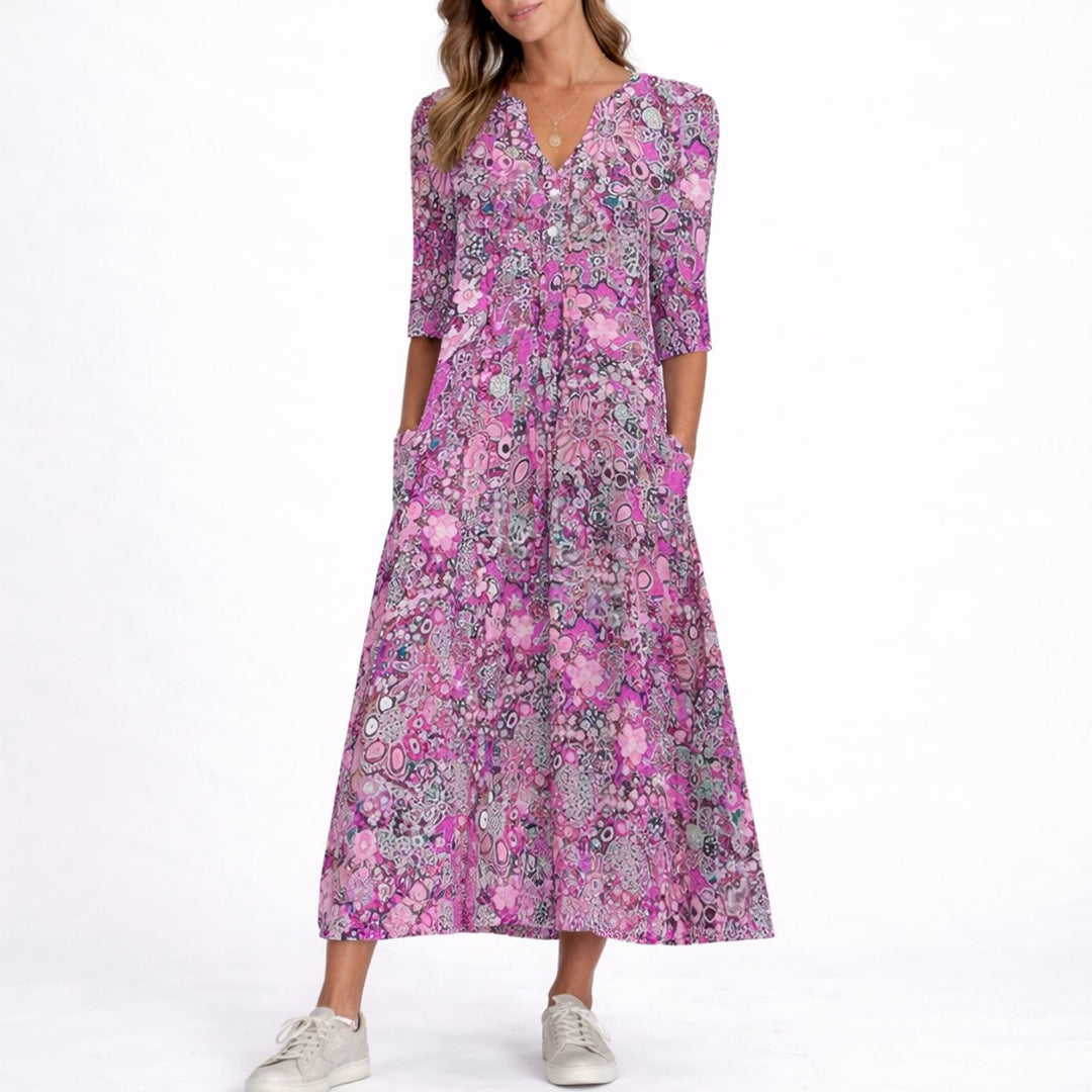 Women's Fall Wedding Guest Dresses Floral V-Neck Midi Dress - Purple