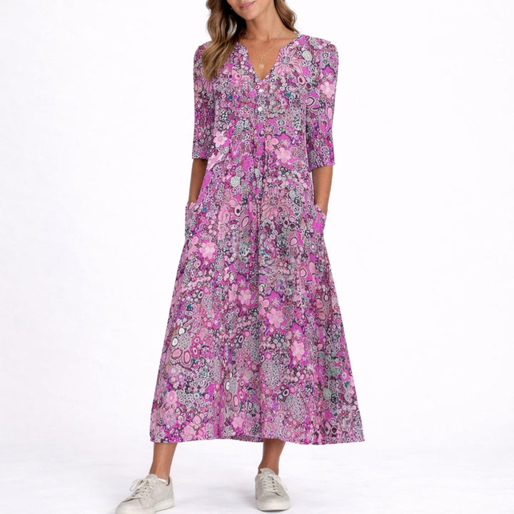 Women's Fall Wedding Guest Dresses Floral V-Neck Midi Dress - Purple