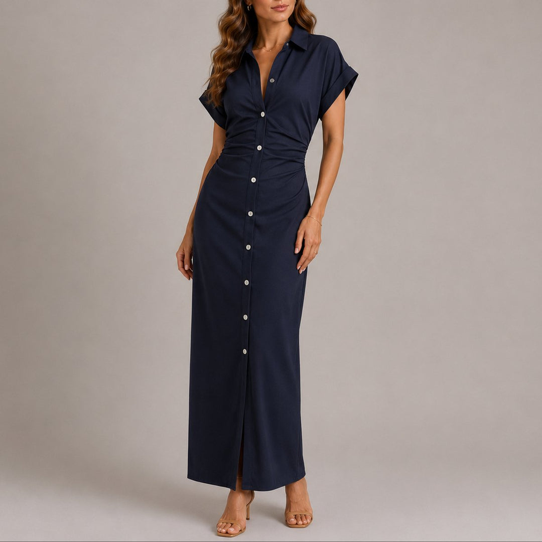 Women's Fall Wedding Guest Dresses Navy Ruched Button-Down Maxi Dress - Navy