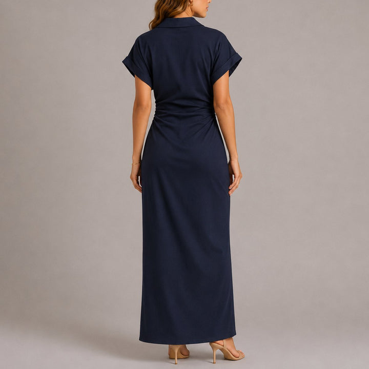 Women's Fall Wedding Guest Dresses Navy Ruched Button-Down Maxi Dress