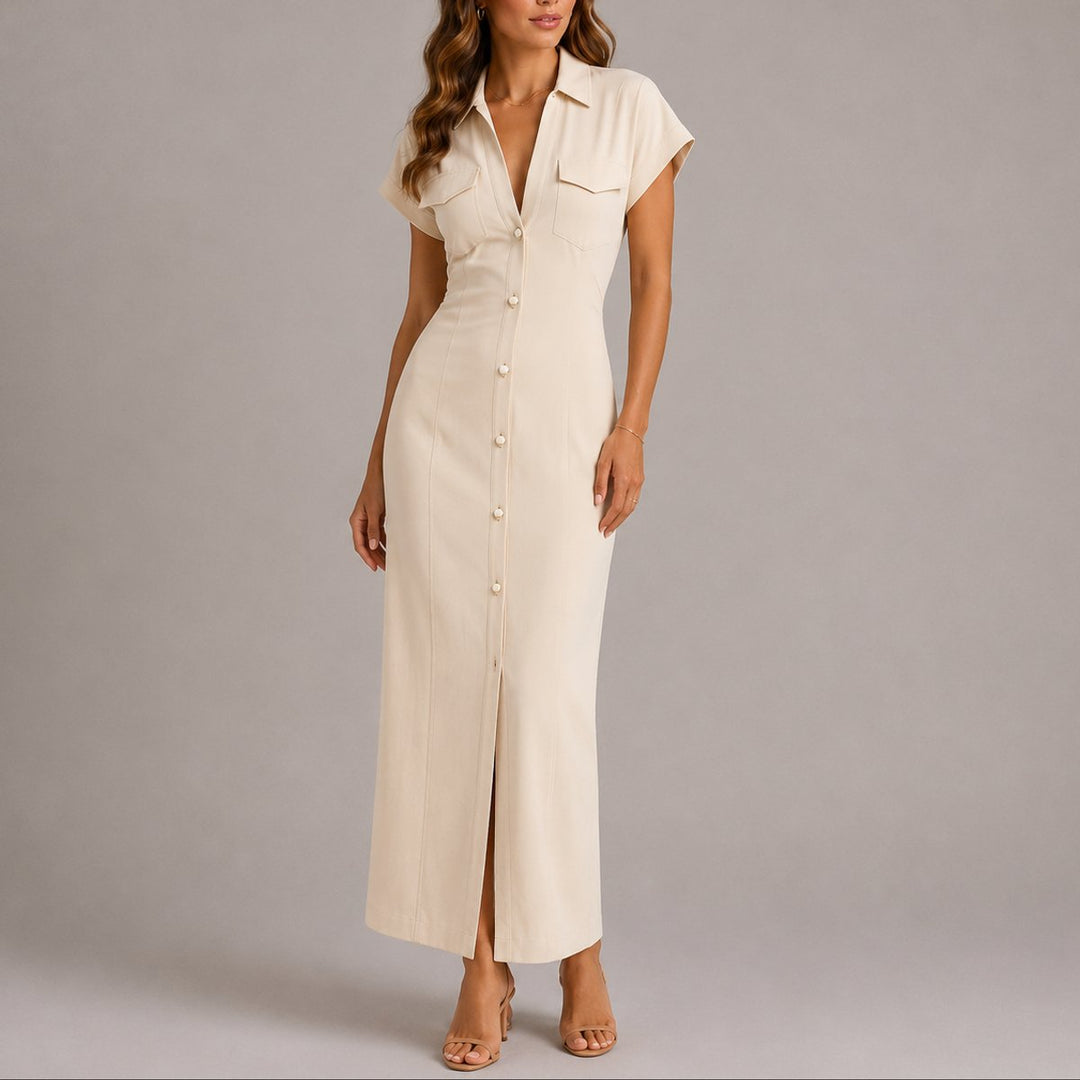 Women's Fall Wedding Guest Dresses Navy Ruched Button-Down Maxi Dress - Beige