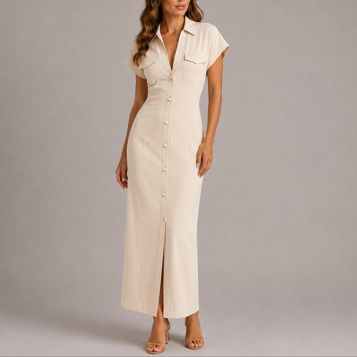 Women's Fall Wedding Guest Dresses Navy Ruched Button-Down Maxi Dress - Beige