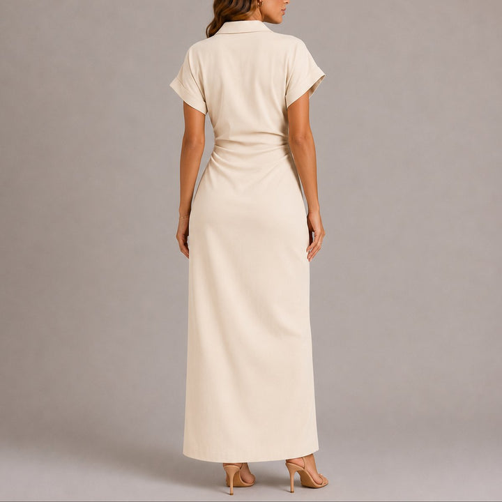Women's Fall Wedding Guest Dresses Navy Ruched Button-Down Maxi Dress