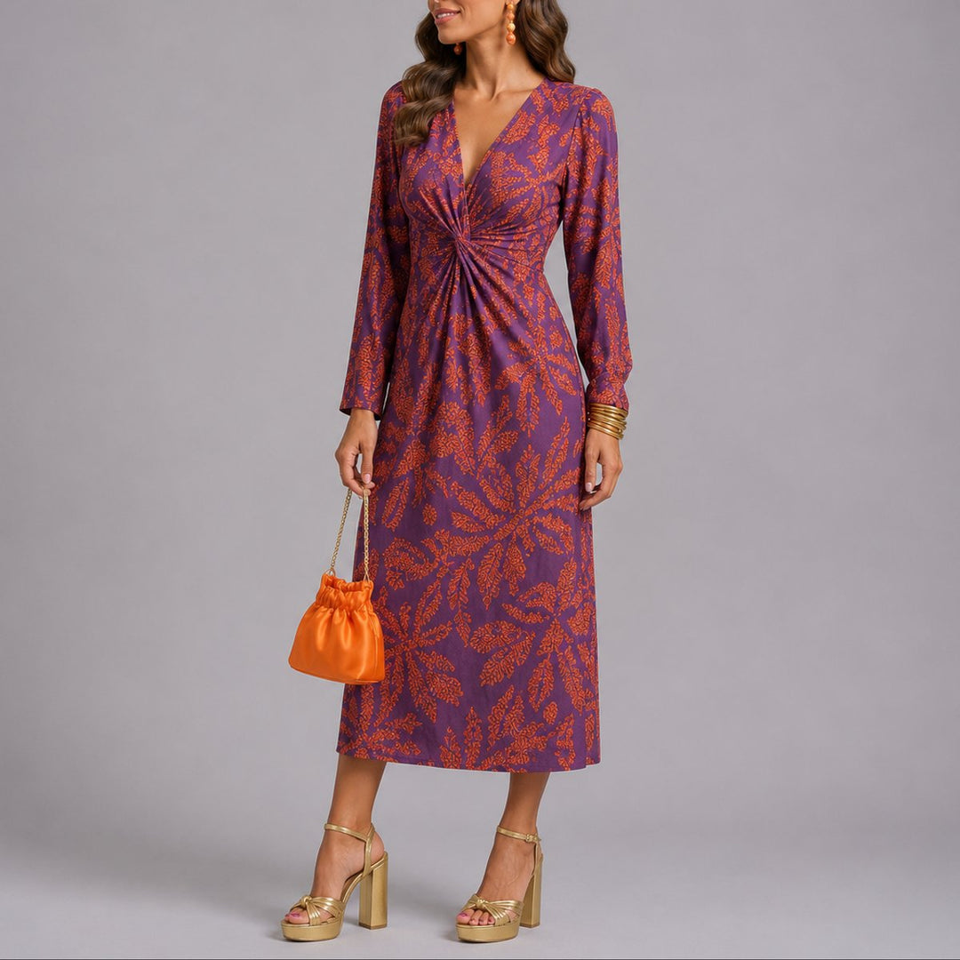 Women's Fall Wedding Guest Dresses Twist-Front V-Neck Floral Midi Dress - Purple