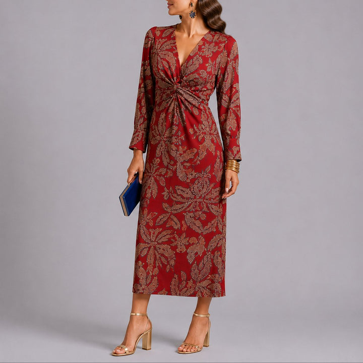 Women's Fall Wedding Guest Dresses Twist-Front V-Neck Floral Midi Dress - Red