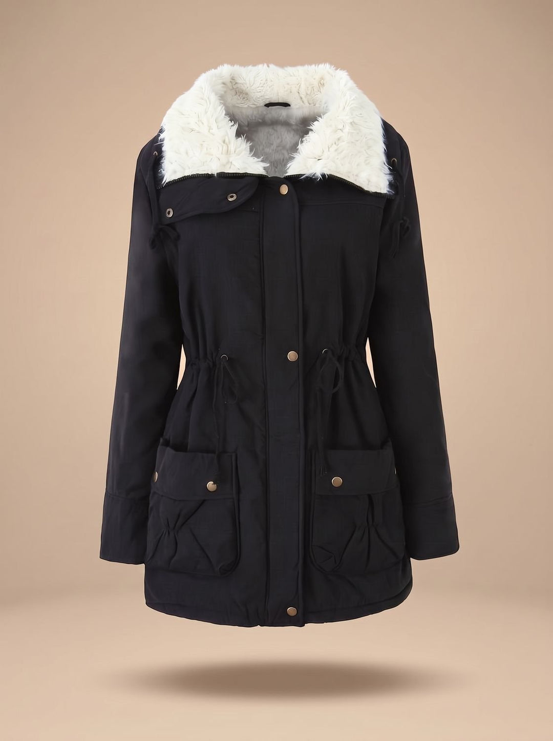Women's Faux-Fur Collar Drawstring Waist Mid-Length Parka Coat - Black