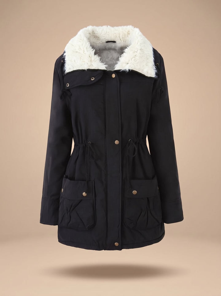 Women's Faux-Fur Collar Drawstring Waist Mid-Length Parka Coat - Black