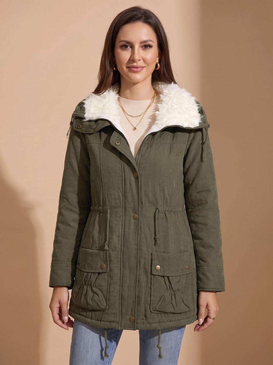 Women's Faux-Fur Collar Drawstring Waist Mid-Length Parka Coat - Olive Green
