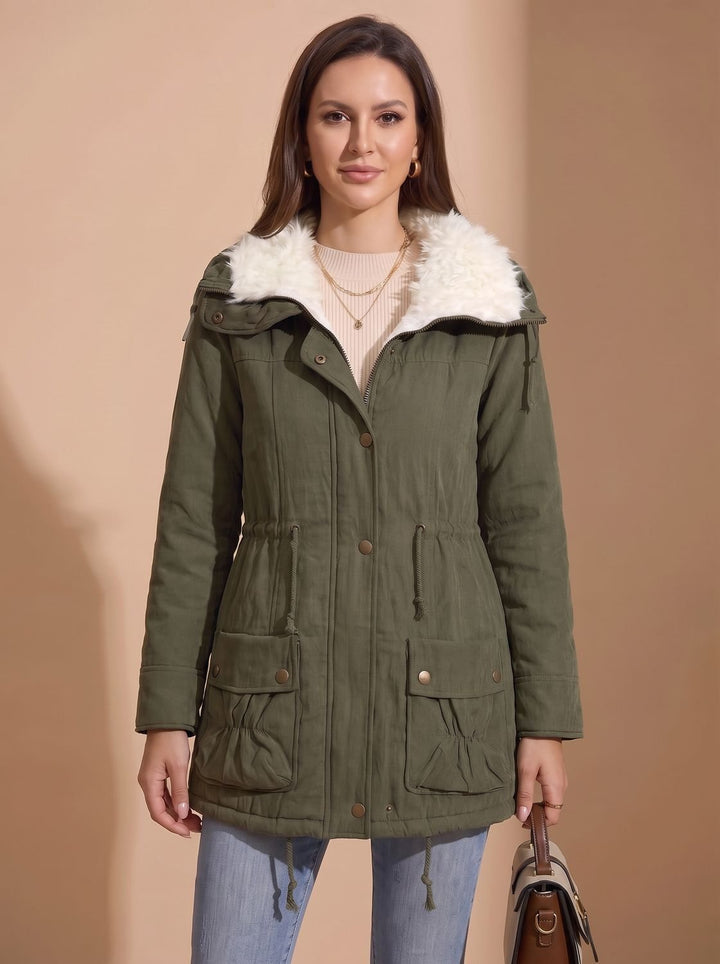 Women's Faux-Fur Collar Drawstring Waist Mid-Length Parka Coat