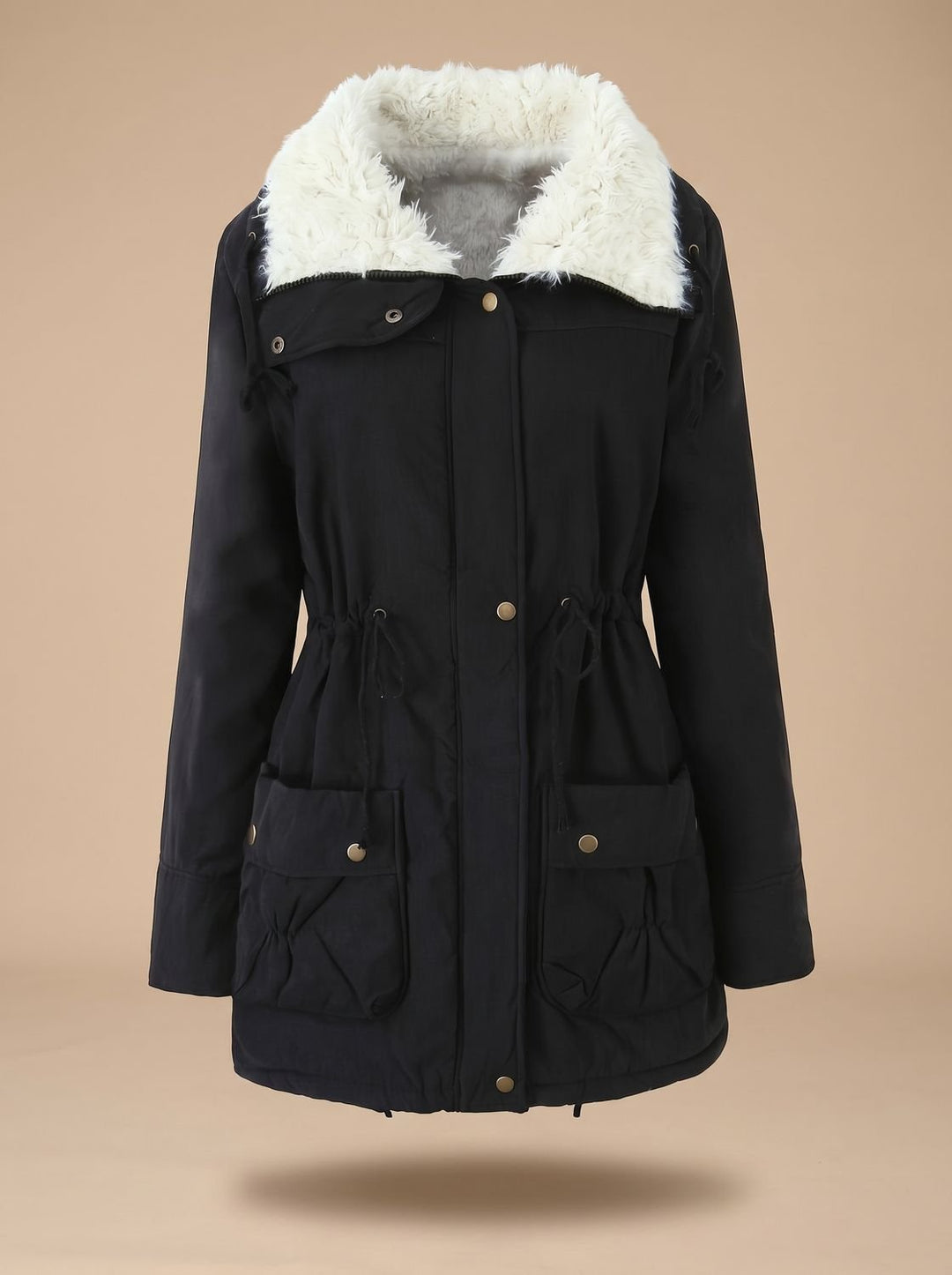 Women's Faux Fur Collar Drawstring Waist Winter Parka Coat - Black