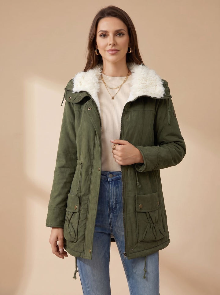Women's Faux Fur Collar Drawstring Waist Winter Parka Coat