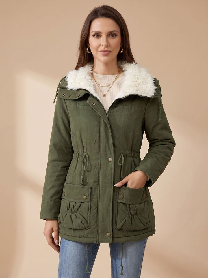 Women's Faux Fur Collar Drawstring Waist Winter Parka Coat