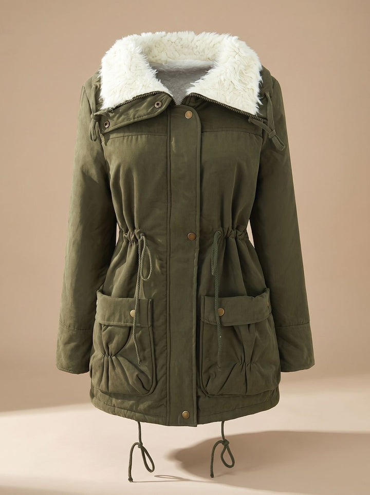 Women's Faux Fur Collar Drawstring Waist Winter Parka Coat