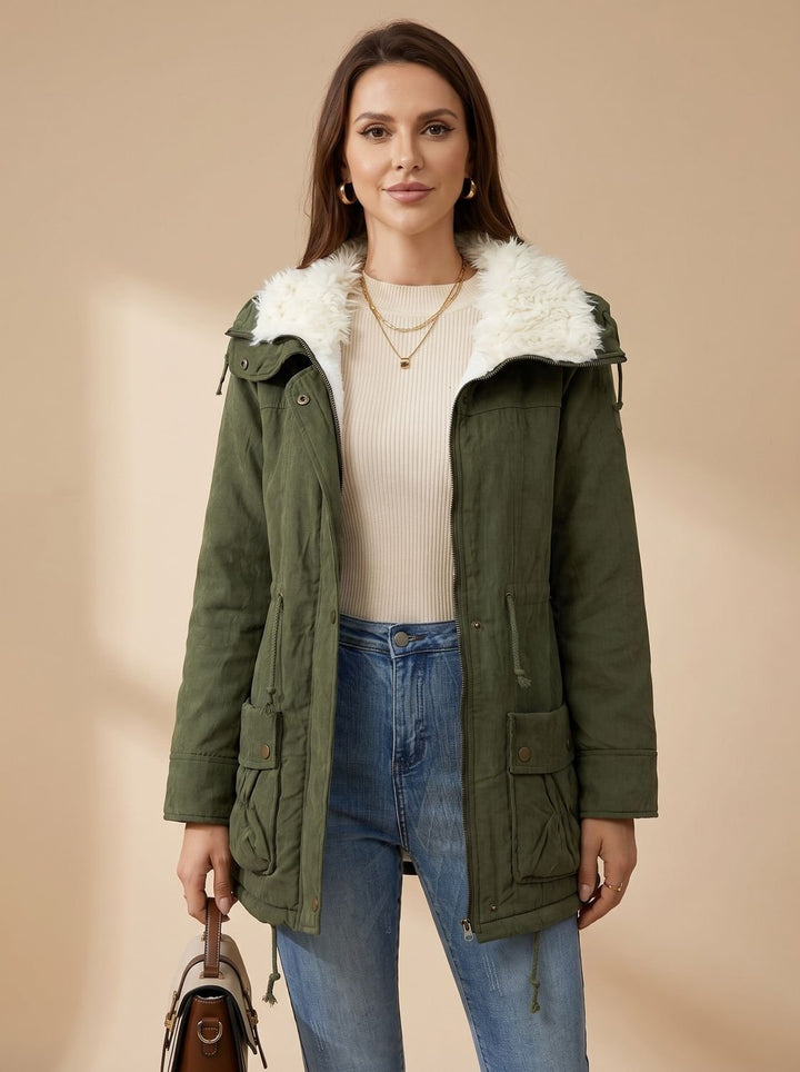 Women's Faux Fur Collar Drawstring Waist Winter Parka Coat
