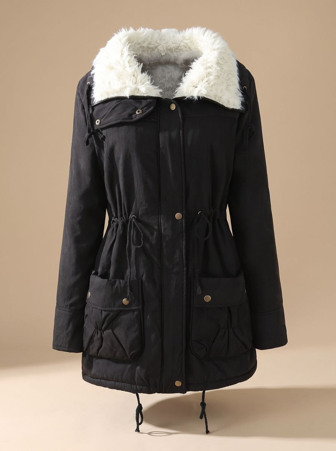 Women's Faux Fur Collar Drawstring Waist Winter Parka Coat