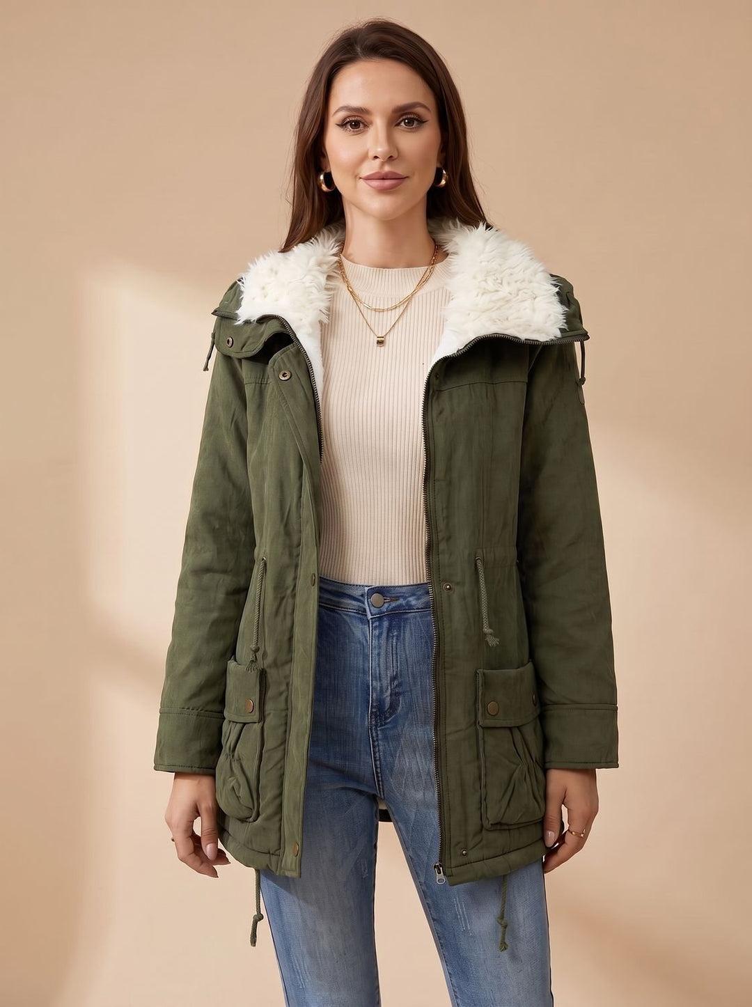 Women's Faux Fur Collar Drawstring Waist Winter Parka Coat - Olive Green
