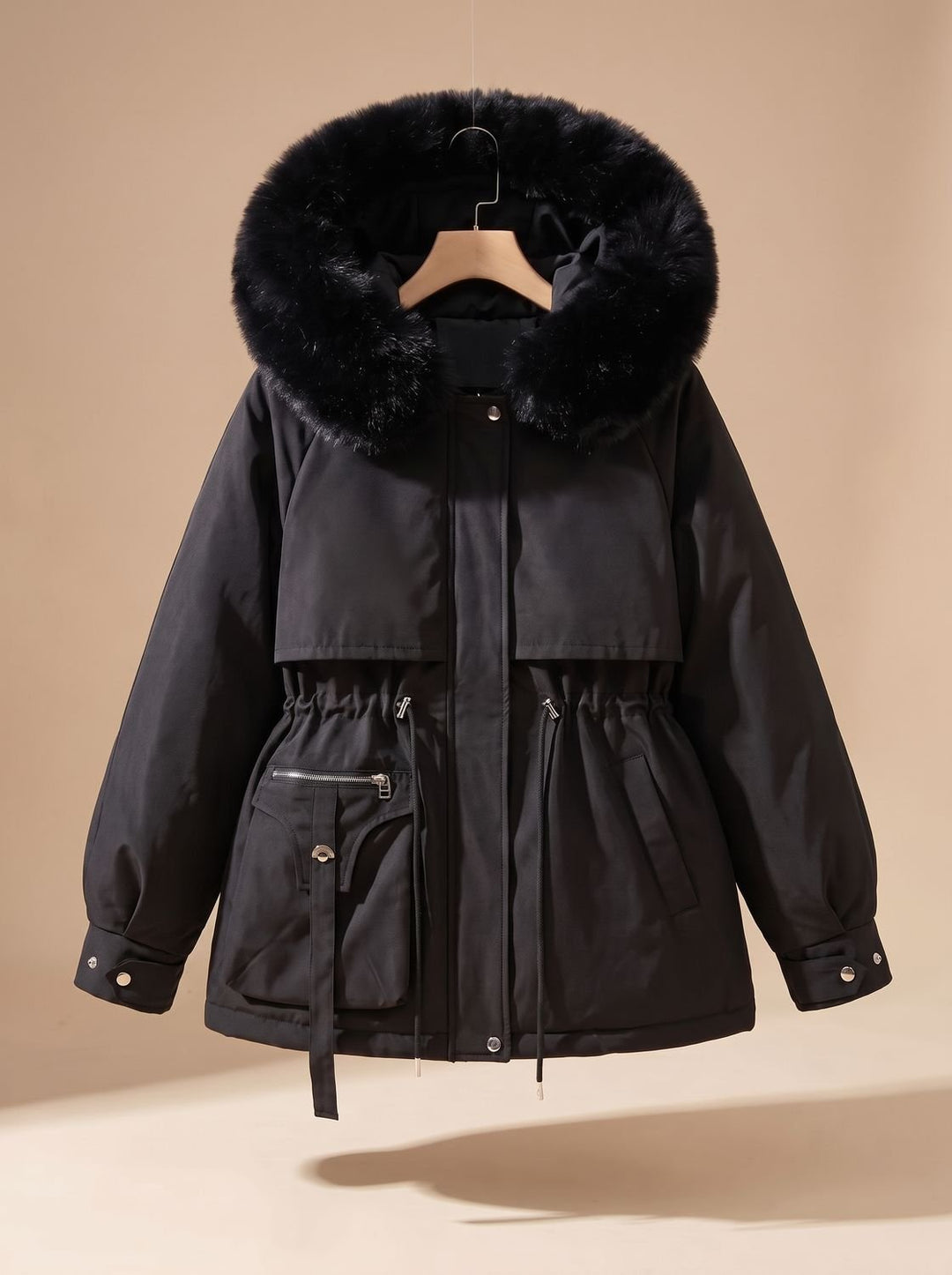 Women's Faux-Fur Hooded Drawstring Waist Puffer Jacket - Black