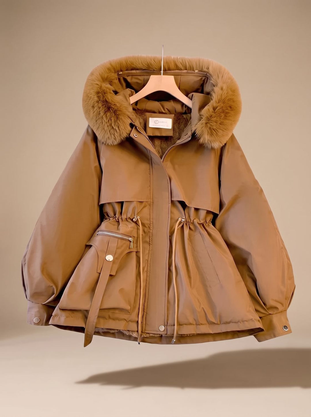 Women's Faux-Fur Hooded Drawstring Waist Puffer Jacket - Brown