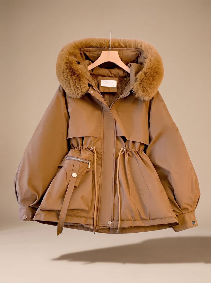 Women's Faux-Fur Hooded Drawstring Waist Puffer Jacket - Brown