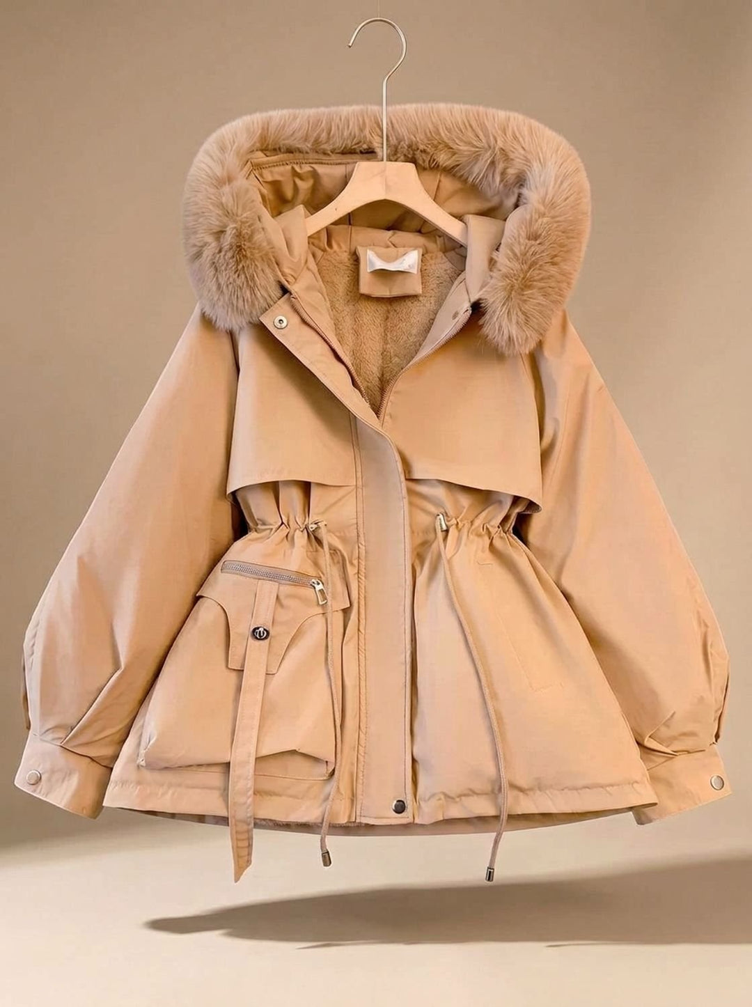 Women's Faux-Fur Hooded Drawstring Waist Puffer Jacket - Khaki